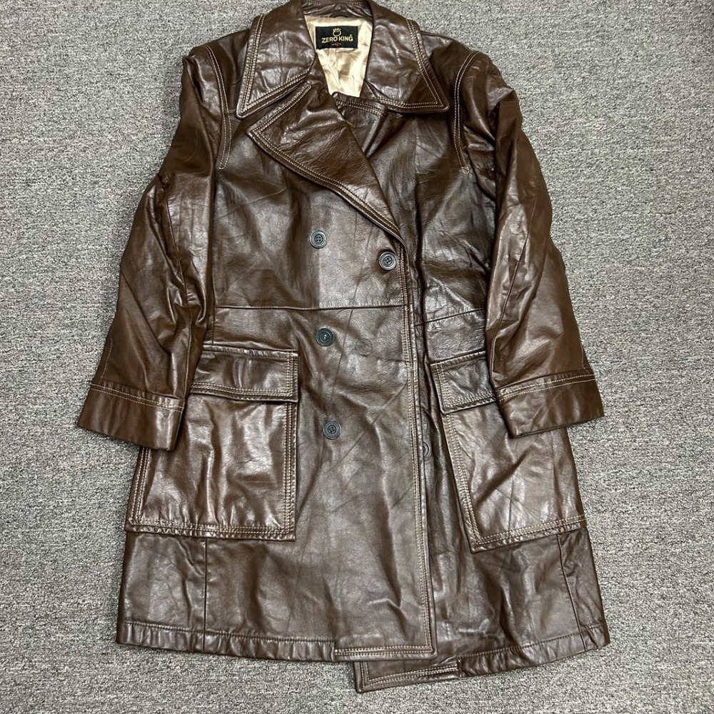 Zero King Leather Trench Coat Mens 42 Brown Double Breasted Vintage Jacket